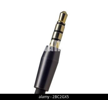 Analog audio 3.5 mm plug isolated on white macro shot. Also known as mini jack or minijack. Stock Photo