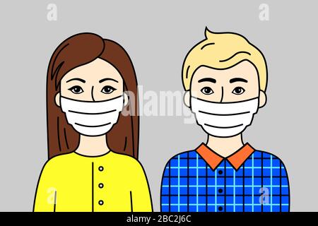 Couple Of People Wearing Face Masks. Two Young Adults, European Family, Blonde Man And Woman. Protective Respirators To Prevent Disease, Flu, Air Poll Stock Vector