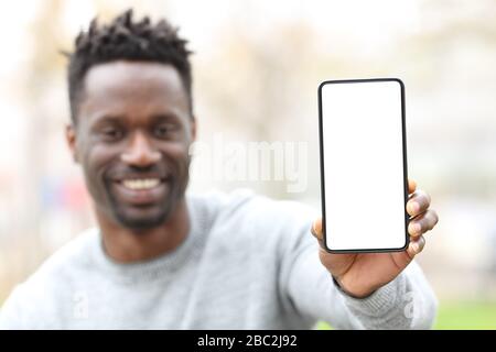 Front view of a happy black man showing phone screen mockup in a park Stock Photo
