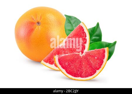 Grapefruit and slice with leaves isolated on white background. With clipping path and full depth of field. Stock Photo