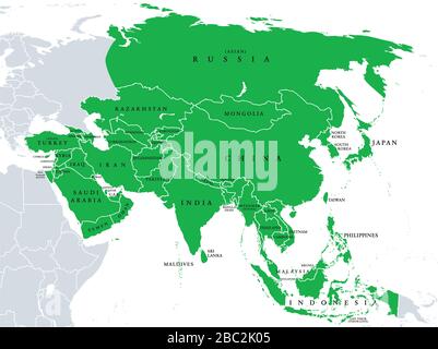 Asia, political map, states and countries of the largest continent. With the Asian part of Russia and Turkey and the Sinai Peninsula as African part. Stock Photo