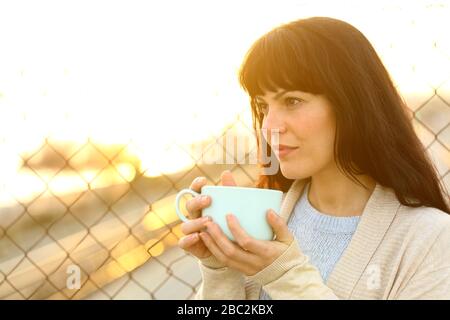 Pensive adult woman looking away holding cofee mug at sunset with a warm light Stock Photo
