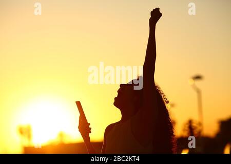 Silhouette of excited woman holding phone celebrating success at sunset Stock Photo