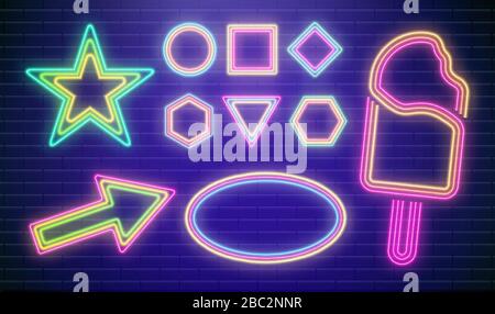 Led neon star vector. Colorful disco party sign. Arrow casino frame. Night pointer for bar in blue colors. Retro style background art. Neon icecream Stock Vector