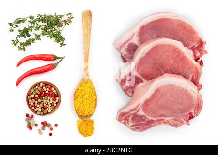 mix of spices in wooden spoon isolated on a white background. Top view. Flat lay. Set or collection. Stock Photo