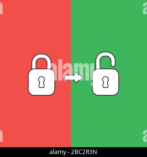 Vector illustration concept of closed, locked padlock opened, unlocked. Red and green background. Stock Vector