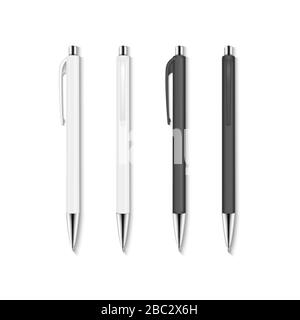 Realistic vector set of white and black automatic ballpoint pens. Stock Vector
