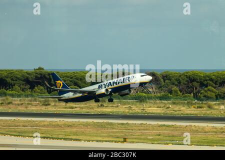 Barcelona, Spain. 15th August, 2019. Ryanair Boeing 737 landing at Barcelona Josep Tarradellas Airport Stock Photo