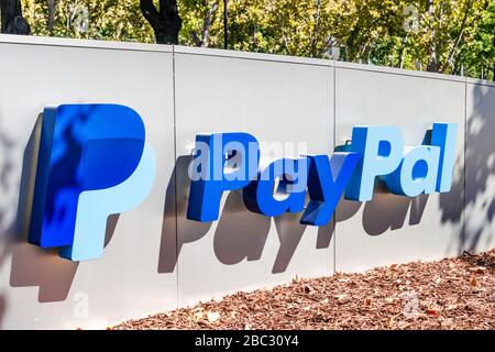 Sep 3, 2019 San Jose / CA / USA - Close up of PayPal logo at their headquarters in Silicon Valley; PayPal Holdings Inc. is an American company operati Stock Photo