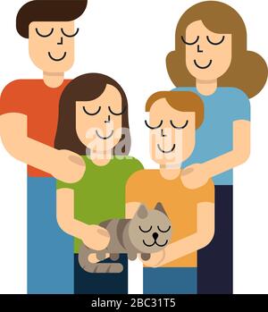 Happy young family. Dad, mom, son, daughter and cat together. Vector illustration in simple cartoon style Stock Vector