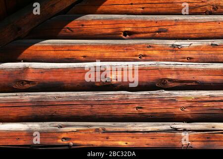 Wooden wall of a house made of thick logs Stock Photo
