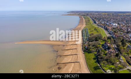 An aerial view of a sandy beach. Whitstable, Kent, UK Stock Photo