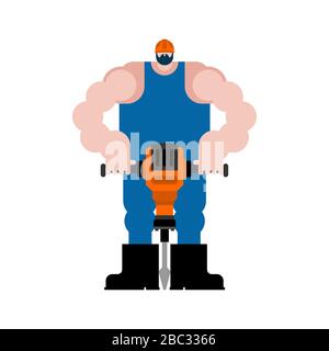 Road worker and jackhammer. Roadman at work. vector illustration Stock Vector