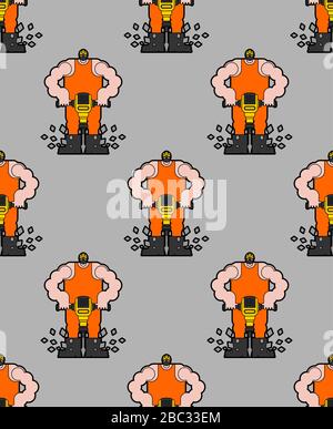 Road worker and jackhammer pattern seamless. Roadman at work background. vector texture Stock Vector