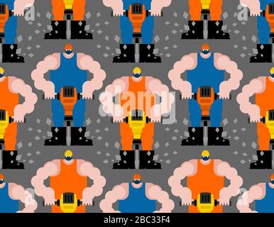 Road worker and jackhammer pattern seamless. Roadman at work background. vector texture Stock Vector