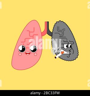 Unhealthy sick lungs cartoon character smoking cigarette and hookah ...