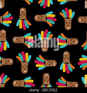 Mask totem pattern seamless. tribal idol god background . Wooden mask with colored feathers. vector texture Stock Vector