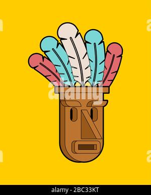 Mask totem isolated. tribal idol god. Wooden mask with colored feathers. vector illustration Stock Vector