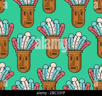 Mask totem pattern seamless. tribal idol god background . Wooden mask with colored feathers. vector texture Stock Vector