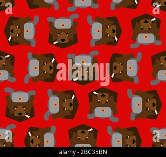 Russian bear with ear flaps pattern seamless. Russia animal face background Stock Vector