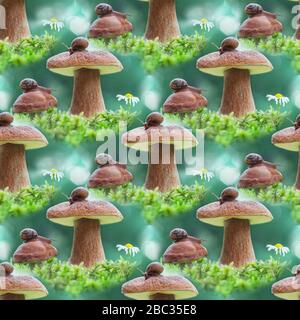 Seamless background with porcini mushrooms and snails. Stock Photo