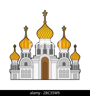 Russian christian church isolated. Traditional orthodox temple. Golden domes. vector illustration Stock Vector
