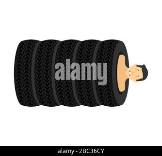 Man inside car tire. Guy in stack of car tires. vector illustration Stock Vector