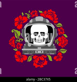 Skull in Astronaut helmet And flowers. Death in spacesuit And roses. Skeleton head in spaceman helmet. Cosmic tattoo vector illustration Stock Vector