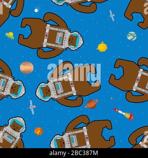 Bear Russian astronaut pattern seamless. Wild beast spaceman in Russia background Stock Vector