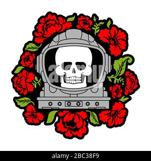 Skull in Astronaut helmet And flowers. Death in spacesuit And roses. Skeleton head in spaceman helmet. Cosmic tattoo vector illustration Stock Vector