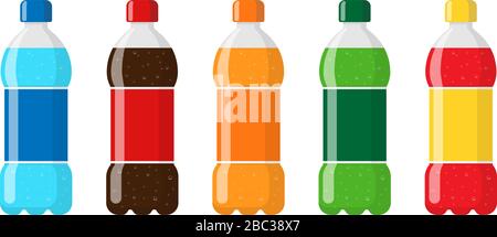 Plastic bottle package set with blue water red brown orange green soda beverage and labels. Carbonated drink with bubbles in tare flat isolated vector eps illustration Stock Vector