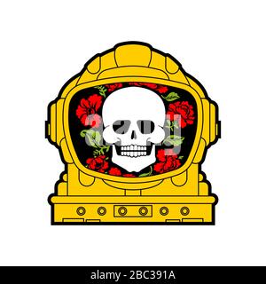 Skull in Astronaut helmet And flowers. Death in spacesuit And roses. Skeleton head in spaceman helmet. Cosmic tattoo vector illustration Stock Vector