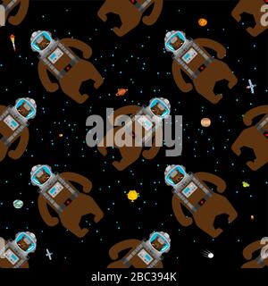 Bear Russian astronaut pattern seamless. Wild beast spaceman in Russia background Stock Vector