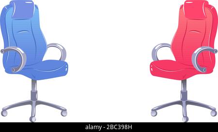 Two empty office chairs. Nobody on Red and blue chair. Copy space for text. Symbol of vacancy, negotiations, interview, conversation, open position. Concept in vector isolated on white. Hiring banner. Stock Vector