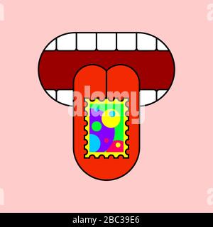 LSD on Tongue. acid mark Drugs vector illustration Stock Vector