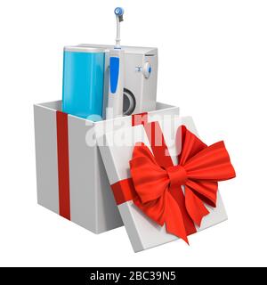 Water flosser, dental oral irrigator inside gift box, 3D rendering isolated on white background Stock Photo