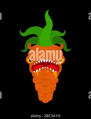 Carrot monster GMO. Genetically modified Angry Orange Vegetable with teeth. Hungry Alien Food vector illustration Stock Vector