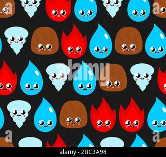 Four natural elements pattern seamless. Cute kawaii background. Wind and fire, water and earth funny wind cartoon style. kids character. Childrens sty Stock Vector