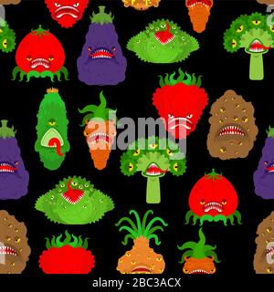 Vegetables monster pattern seamless. Vegetable GMO mutant background . genetically modified Tomato and cabbage texture. Bell pepper and eggplant. Pota Stock Vector