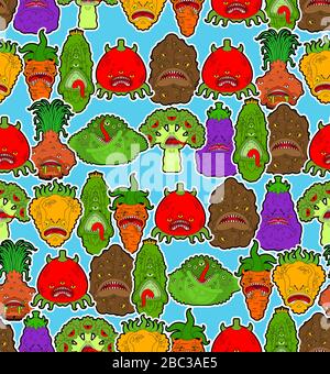 Vegetables monster pattern seamless. Vegetable GMO mutant background . genetically modified Tomato and cabbage texture. Bell pepper and eggplant. Pota Stock Vector