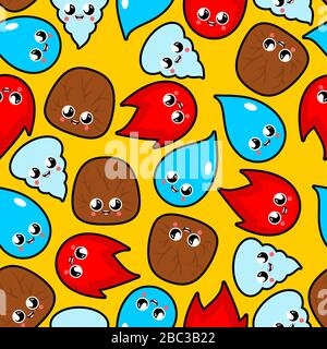 Four natural elements pattern seamless. Cute kawaii background. Wind and fire, water and earth funny wind cartoon style. kids character. Childrens sty Stock Vector
