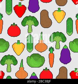 Vegetables pixel art pattern seamless. 8 bit Vegetable background . Pixelate Tomato and cabbage. Bell pepper and eggplant. Potatoes, onions and brocco Stock Vector