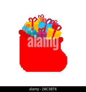 Santa bag pixel art. Red sack 8 bit Xmas. Pixelate New Year Stock Vector