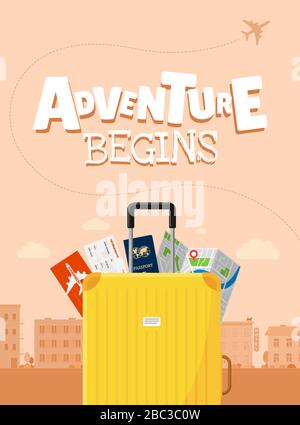 Adventure begins advertising vacation travelling poster design concept. Suitcase luggage with map flight ticket and passport. Different touristic elements and airplane path vector illustration poster Stock Vector