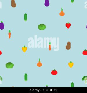 Vegetables pixel art pattern seamless. 8 bit Vegetable background . Pixelate Tomato and cabbage. Bell pepper and eggplant. Potatoes, onions and brocco Stock Vector