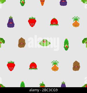 Vegetables monster pattern seamless. Vegetable GMO mutant background . genetically modified Tomato and cabbage texture. Bell pepper and eggplant. Pota Stock Vector