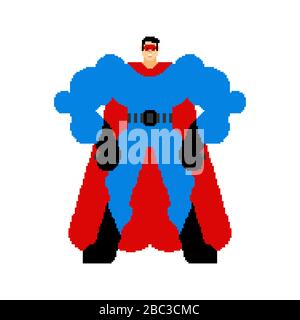 Superhero pixel art isolated. 8 bit Super guy in mask and raincoat. Pixelate Strong man Stock Vector