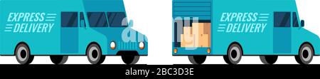Express delivery blue truck side front and back view set. Fast shipping service van concept. Isometric 3d styled flat vector isolated eps illustration Stock Vector
