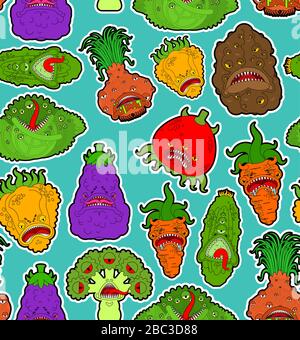 Vegetables monster pattern seamless. Vegetable GMO mutant background . genetically modified Tomato and cabbage texture. Bell pepper and eggplant. Pota Stock Vector