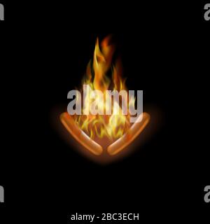 Realistic Burning Grill Sausage and Red Fire Isolated on Black Background. Street Fast Food Stock Vector